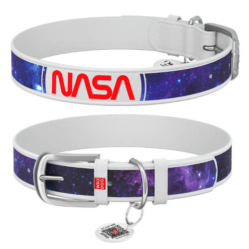 WAUDOG collar NASA21 - bőr nyakörv (QR kódos, NASA21 dizájn, fehér) kutyák részére TÖBB MÉRETBEN